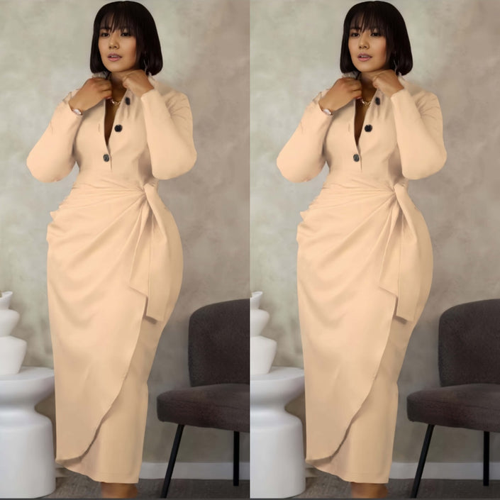 Elegant Long Sleeve Dress with Button Detail and Bow Accent