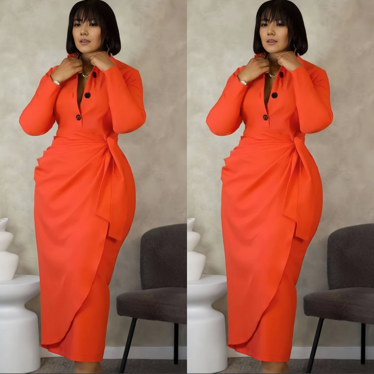 Orange-red midi dress with front twist, dark button placket, long sleeves