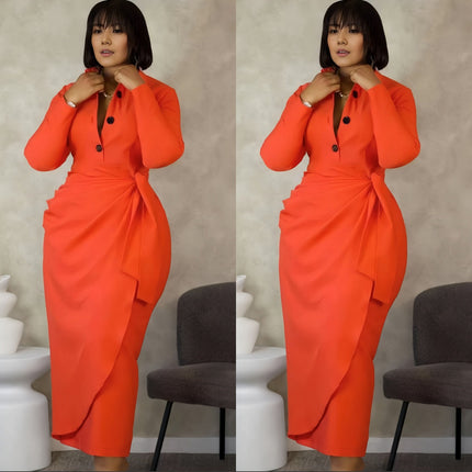 Orange-red midi dress with front twist, dark button placket, long sleeves