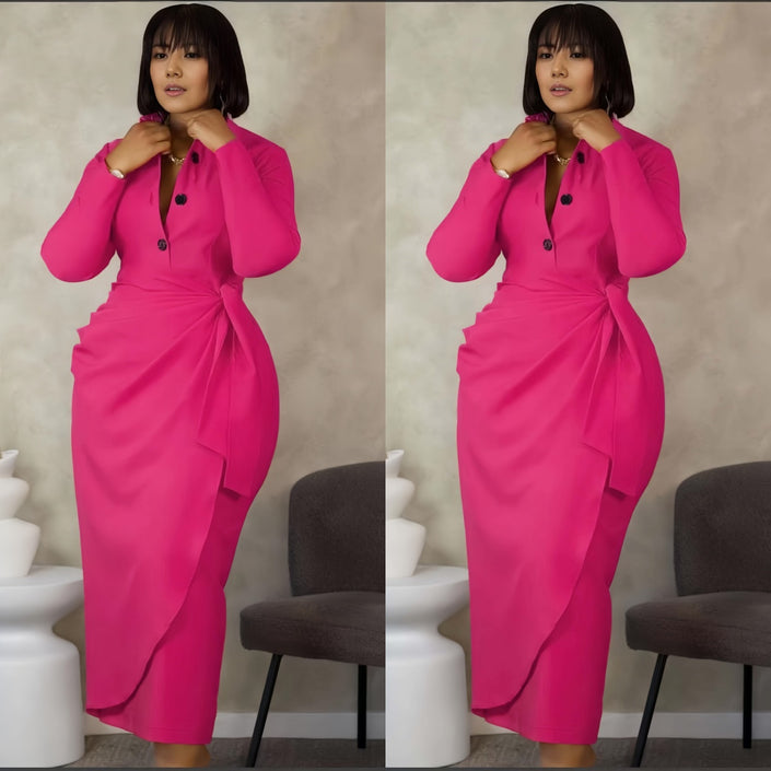 Elegant Long Sleeve Dress with Button Detail and Bow Accent