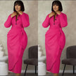 Deep pink midi dress with front twist and dark button placket, long sleeves
