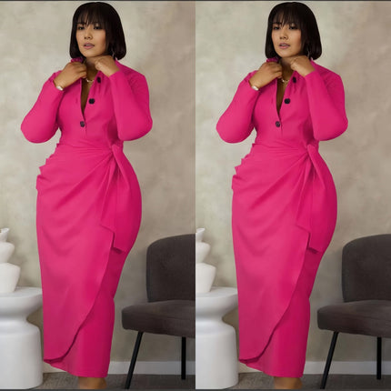 Deep pink midi dress with front twist and dark button placket, long sleeves