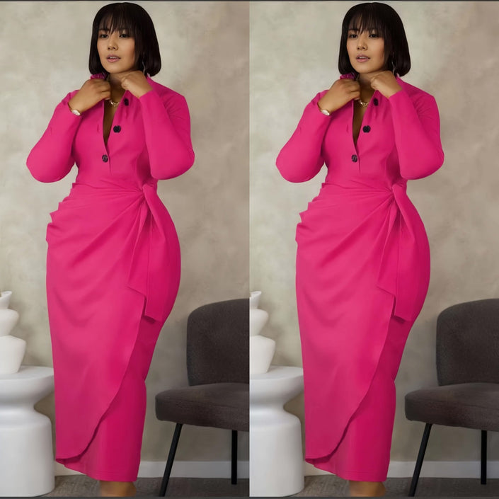 Deep pink midi dress with front twist and dark button placket, long sleeves