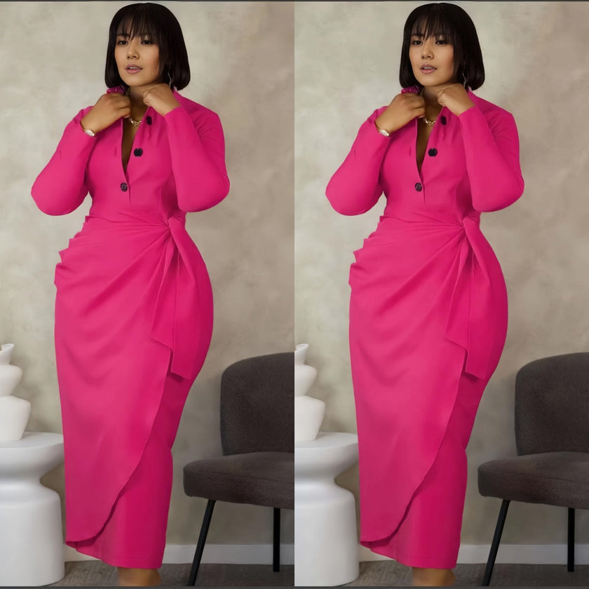 Deep pink midi dress with front twist and dark button placket, long sleeves