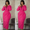 Deep pink midi dress with front twist and dark button placket, long sleeves