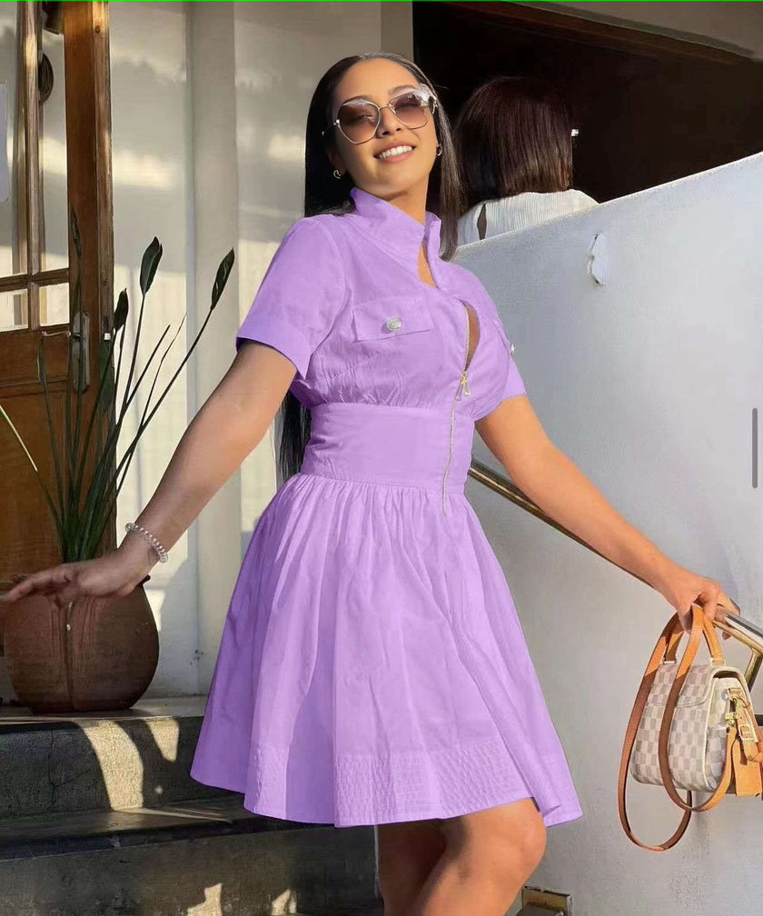 Light-purple high-collar A-line zip mini dress with short sleeves and flared skirt