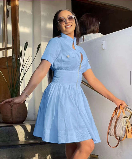 Sky-blue high-collar A-line zip mini dress with short sleeves and flared skirt