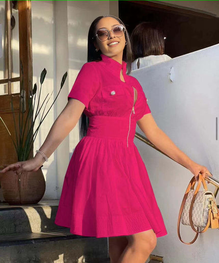 Women's Short Sleeve Zip-Up Dress with High Collar and Flared Hemline