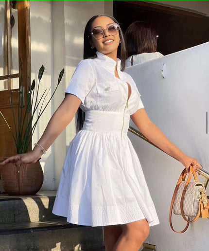 White high-collar A-line zip mini dress with short sleeves and flared skirt