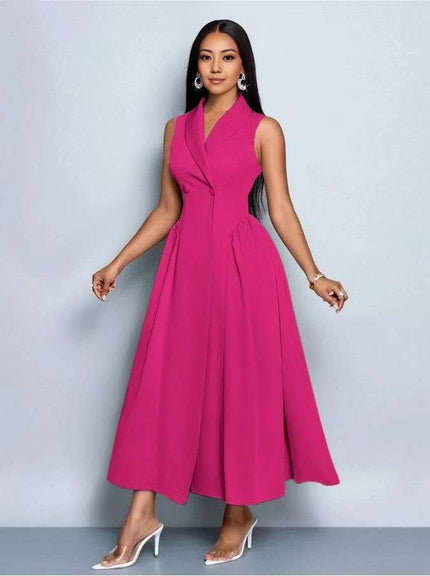 Sleeveless midi dress in magenta, V-neck bodice with pleated A-line skirt