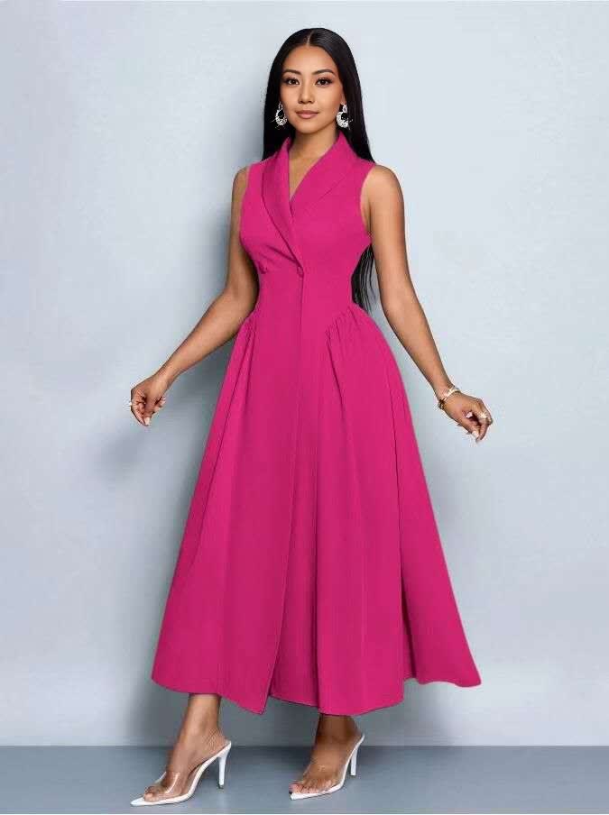Sleeveless midi dress in magenta, V-neck bodice with pleated A-line skirt