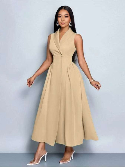 Sleeveless midi dress in tan, V-neck with pleated A-line skirt