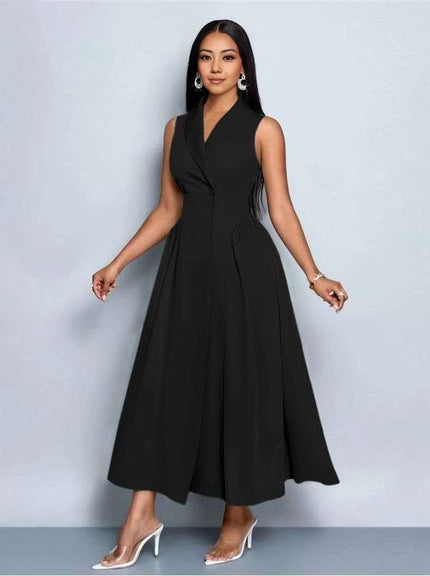 Sleeveless midi dress in black, V-neck with pleated A-line skirt