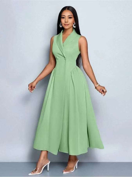 Sleeveless midi dress in mint green, V-neck with pleated A-line skirt