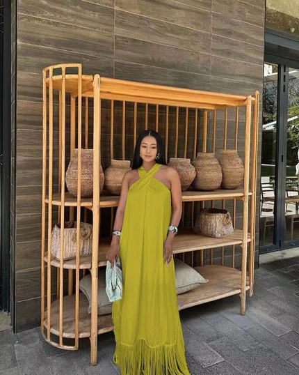 Green-yellow halter maxi dress with tassel fringe hem