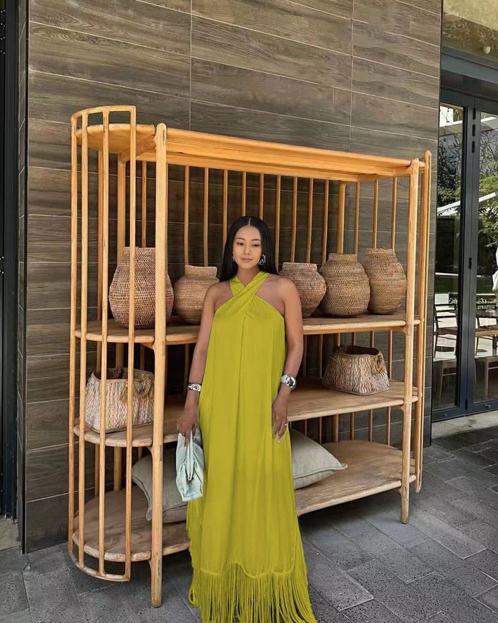 Green-yellow halter maxi dress with tassel fringe hem