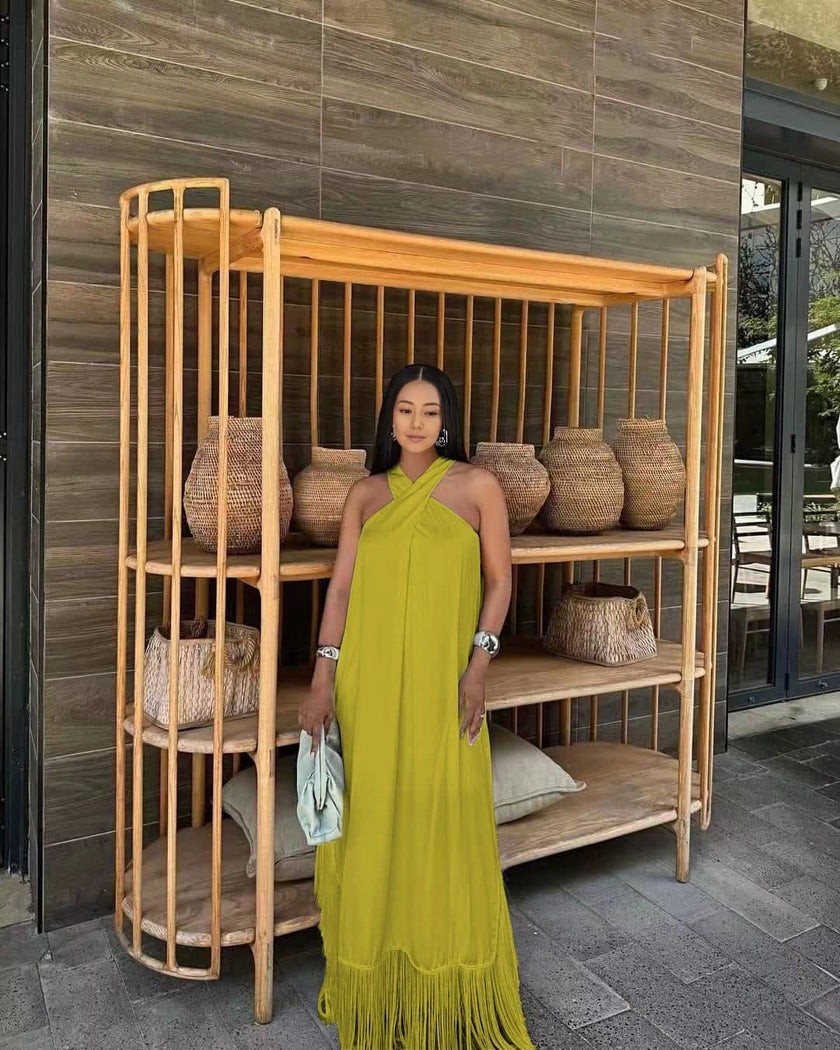 Green-yellow halter maxi dress with tassel fringe hem