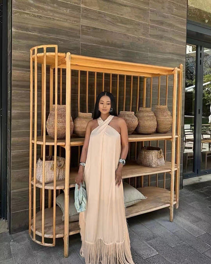 Wheat halter maxi dress with tassel fringe hem