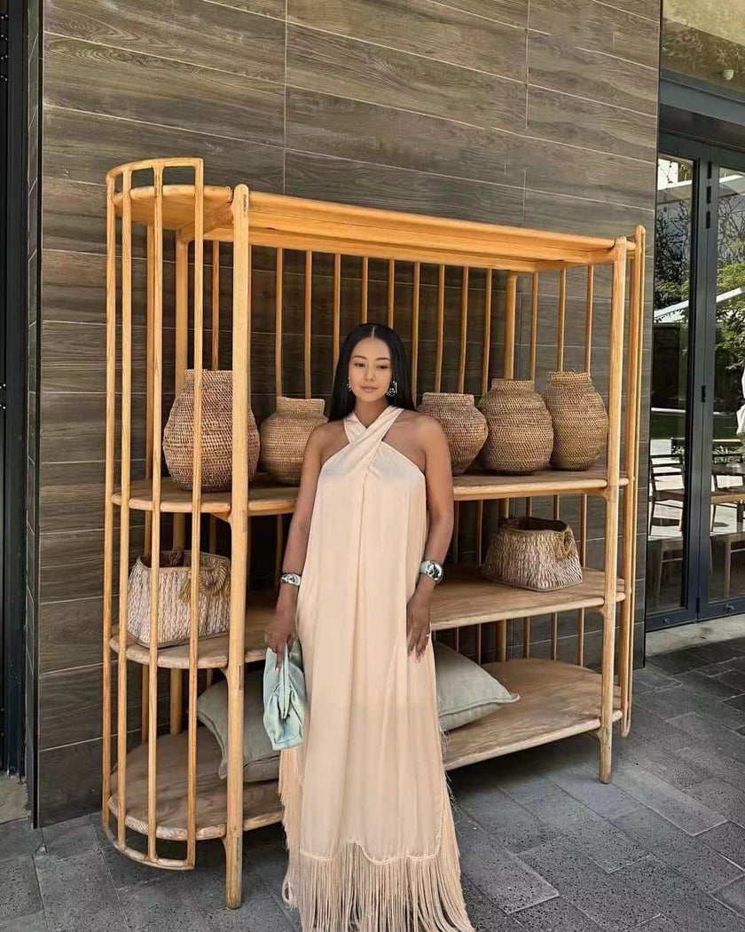Wheat halter maxi dress with tassel fringe hem