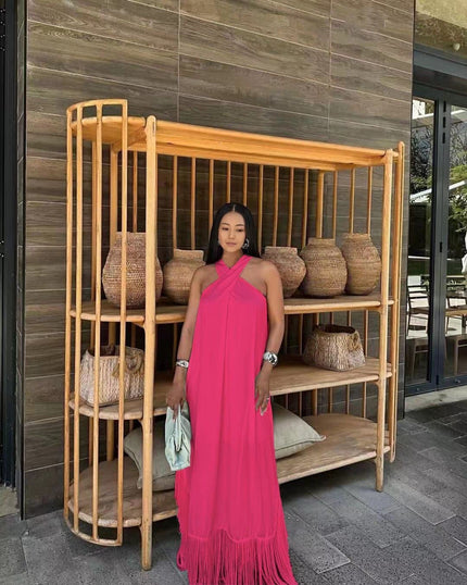 Hot-pink halter maxi dress with tassel fringe hem
