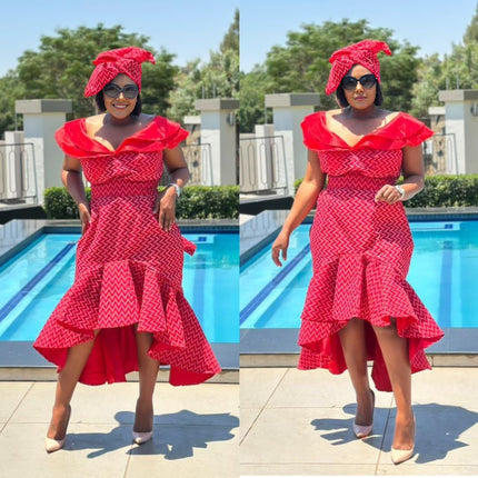 Red geometric midi dress with off-shoulder ruffles and tiered skirt