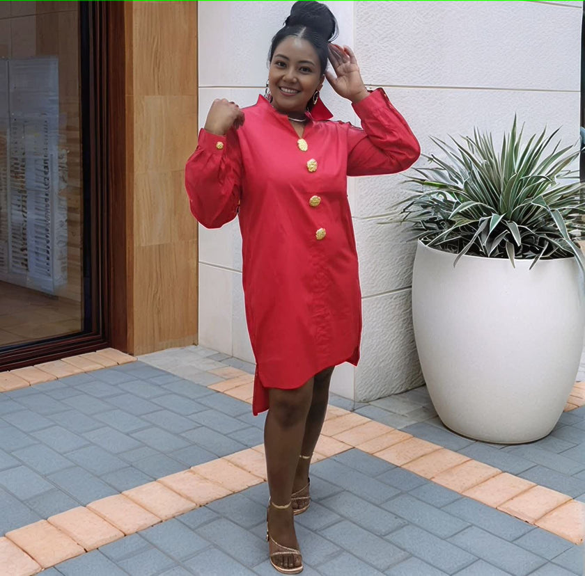 Red midi dress with five gold buttons and long sleeves, front button placket