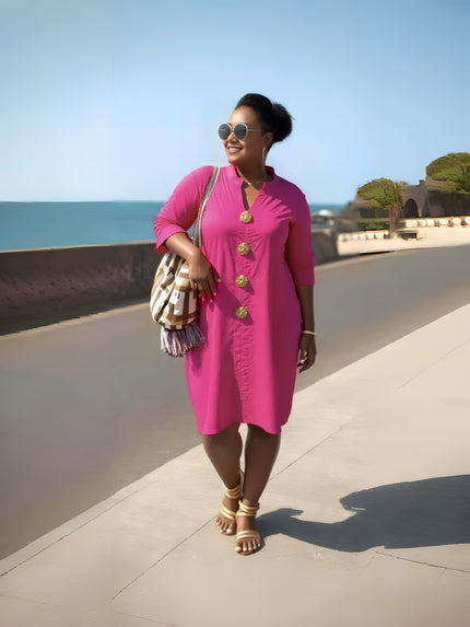 Hot-pink midi dress with five gold button placket and long sleeves