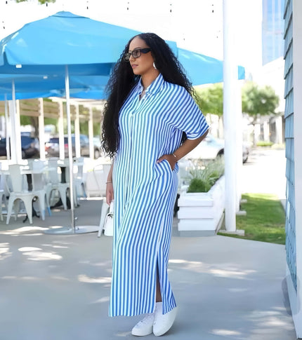 Light sky blue striped collared midi dress with short sleeves and side slit