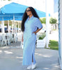 Light sky blue striped collared midi dress with short sleeves and side slit