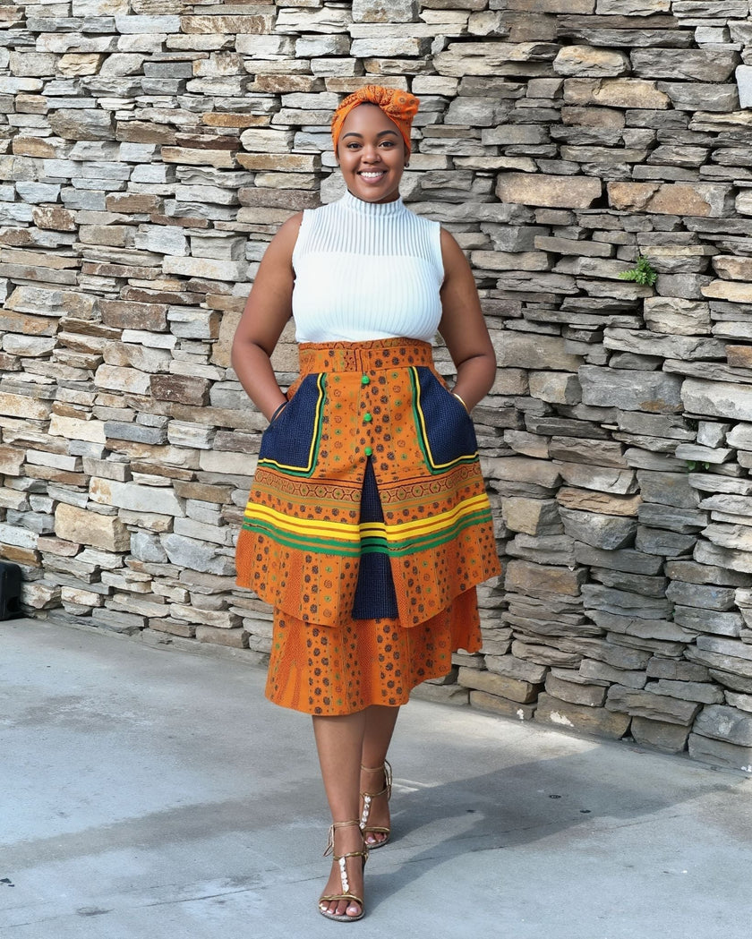 Layered three-piece skirt set with white sleeveless top and orange patterned layered skirt