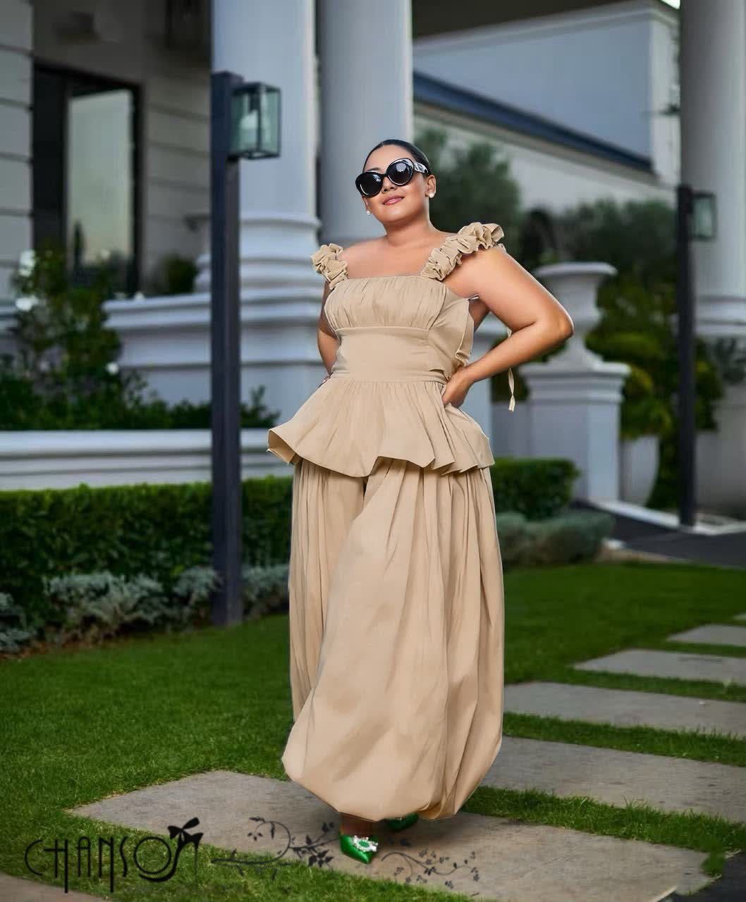 Two Piece Outfit Ruffle Strap Peplum Top Wide Leg Balloon Pants Solid Plain For Banquet Casual Social Events