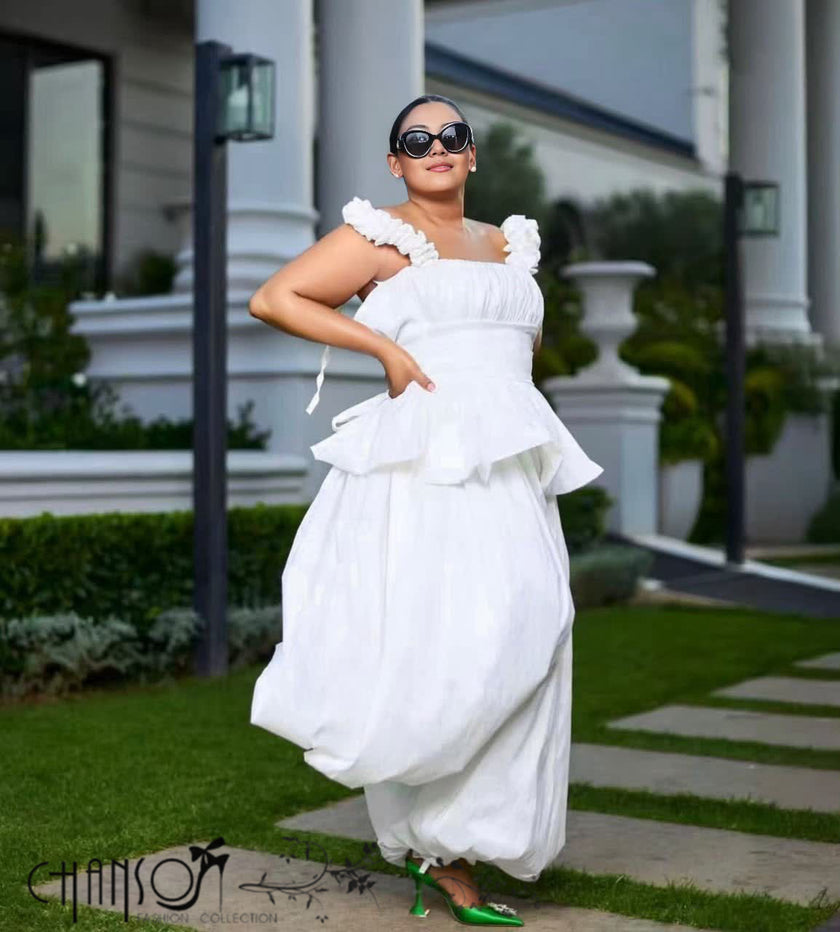 Two Piece Outfit Ruffle Strap Peplum Top Wide Leg Balloon Pants Solid Plain For Banquet Casual Social Events