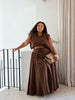 Brown sleeveless crop top and flowy maxi skirt two-piece set, elastic waist