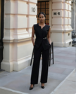 Women's belted sleeveless top and trousers two piece set in black and neutral white - view 1