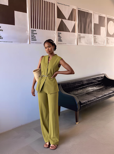 Olive belted sleeveless top and wide-leg trousers set, tie waist