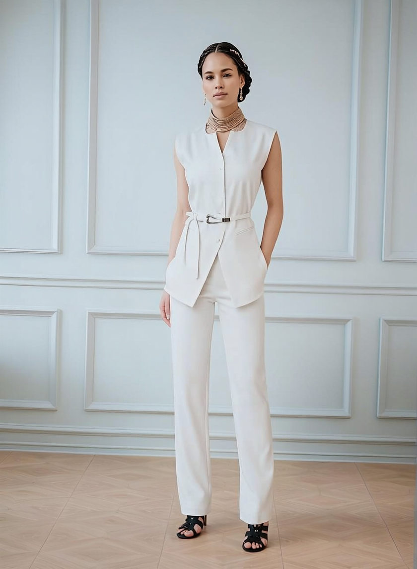 Women's belted sleeveless top and trousers two piece set in black and neutral white - view 3