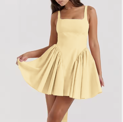 Light-yellow pleated skater dress with square neckline and flared skirt