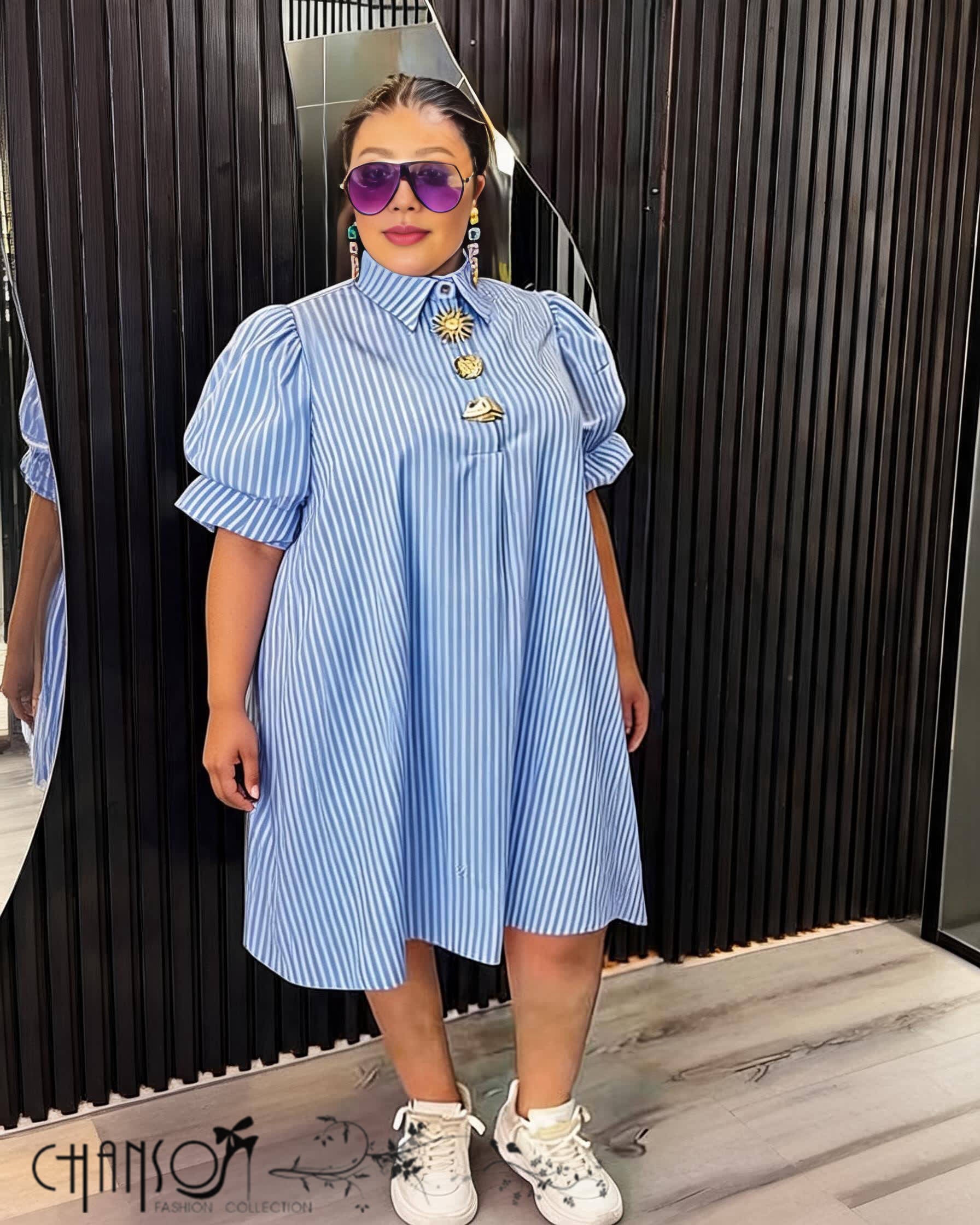 Women's plus size striped puff sleeve collared shift dress - view 1