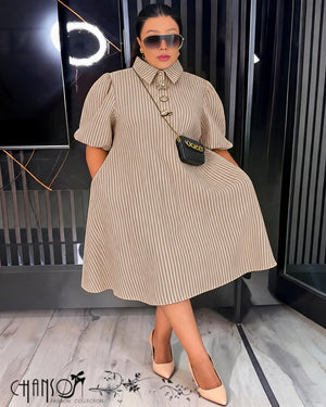 Nude striped shift dress with puff sleeves and collared button placket