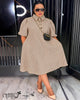 Women's plus size striped puff sleeve collared shift dress - view 2