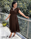 Women's plus size pleated midi dress with rhinestone embellished neckline - view 2