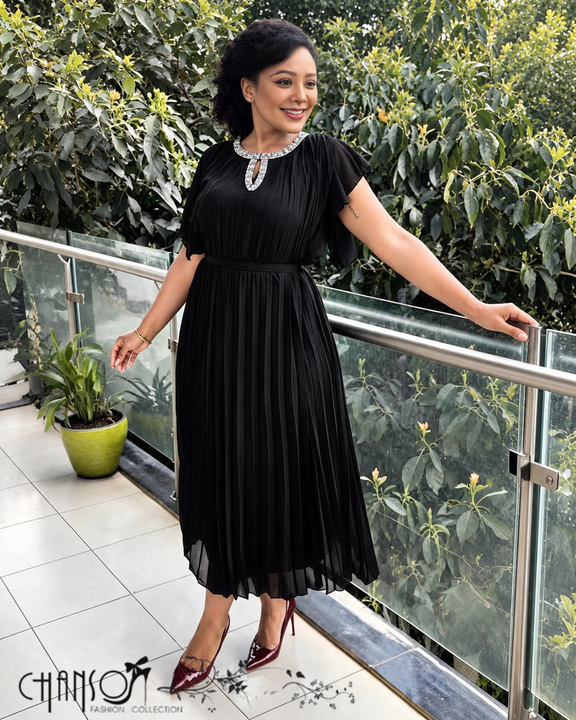 Women's plus size pleated midi dress with rhinestone embellished neckline - view 1
