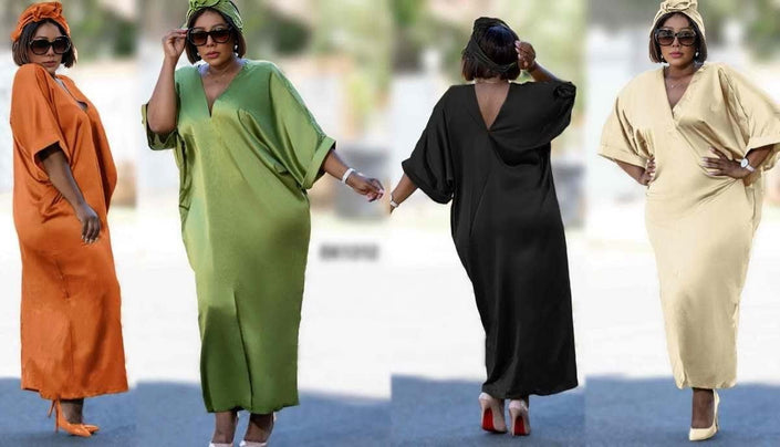 Plus size loose-fit V-neck maxi dress in orange, green, black, and beige