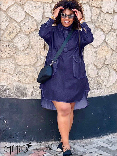 Long-sleeve denim dress with collar, half placket, patch pockets, high-low hem, dark blue