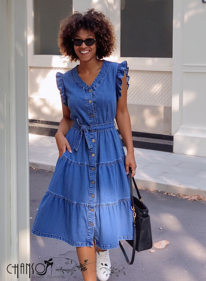 Blue sleeveless midi denim dress with ruffle shoulders, tiered skirt, and button front