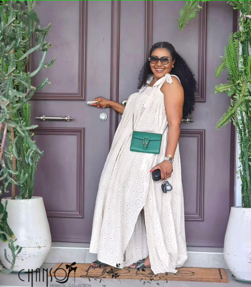 Plus-size off-white eyelet maxi dress, tie shoulder straps, sleeveless