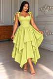 Lime tie-shoulder asymmetrical high-low midi evening dress with layered ruffle skirt.