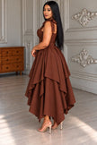 Coffee-brown tie-shoulder asymmetrical high-low midi evening dress with tiered skirt.