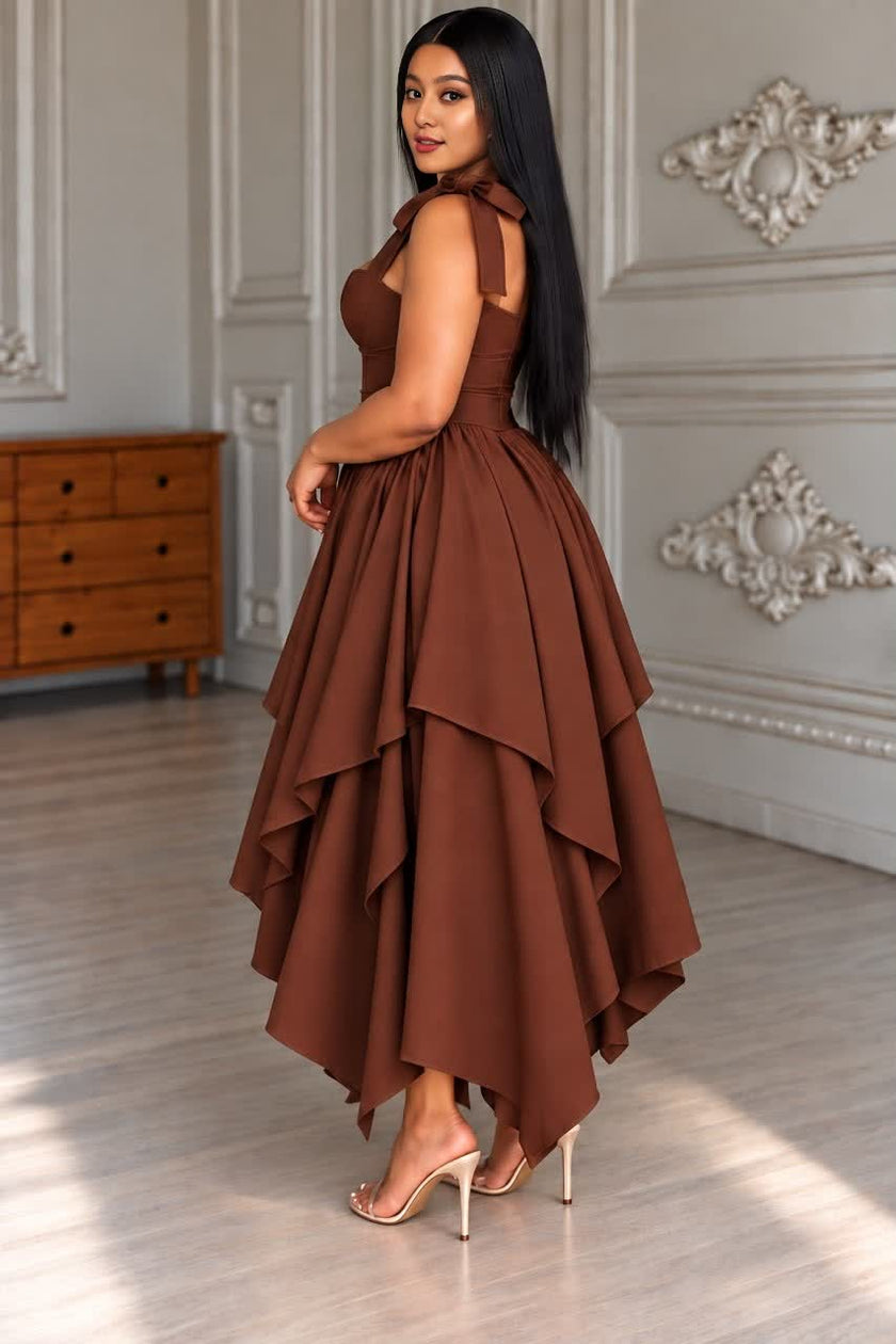 Coffee-brown tie-shoulder asymmetrical high-low midi evening dress with tiered skirt.