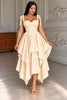 Beige tie-shoulder asymmetrical high-low midi evening dress with tiered flounce skirt.